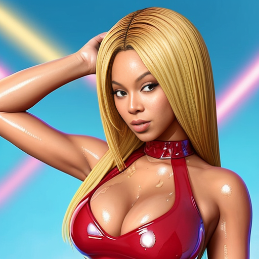 Beyonce  in wet in a red latex top with latex skirt with long red nails with honey blonde hair selfie ve yerde sırtüstü yatar gözlerini kapatır elleri karnında bacakları ve ayakları düz şekilde 