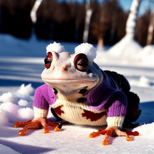 A laughable, puzzled animal toad in woolen, multicoloured winter clothings with woolen, funny winter cap. Hyperrealistic art style.