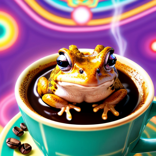 A hillarious, funny boho toad with some hippie colored coffee cups. Psychedelic decorated background. Hard style.