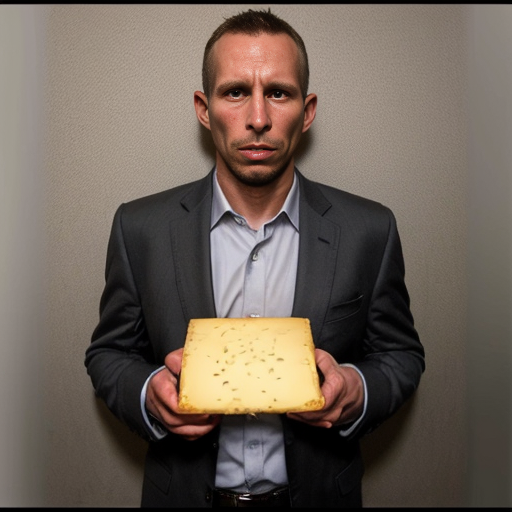 Strong rat, cheese in hand, mug shot evil with suit