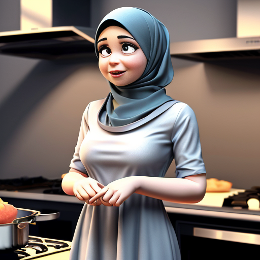 Pixar-style 3D cartoon character, standing at the stove, cooking gesture, exaggerated cartoon features, big expressive eyes, Muslim woman 35-40 years old, fully covered in wide light blue dress, loose modest clothing, headscarf covering all hair, no sexualized features, gray background, simple cartoon style