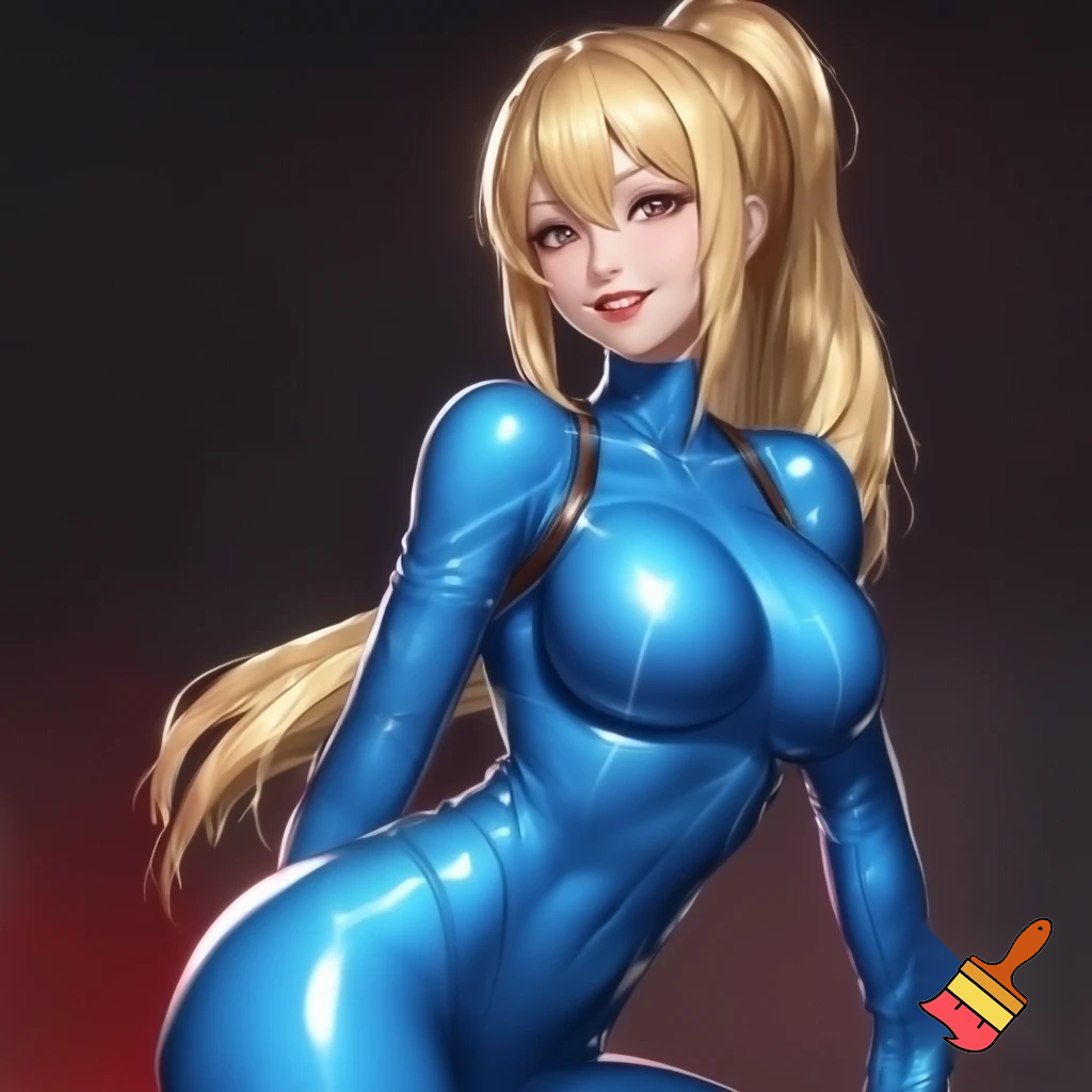 Sexy Samus Aran with blonde ponytail in blue latex jumpsuit with a seductive smile