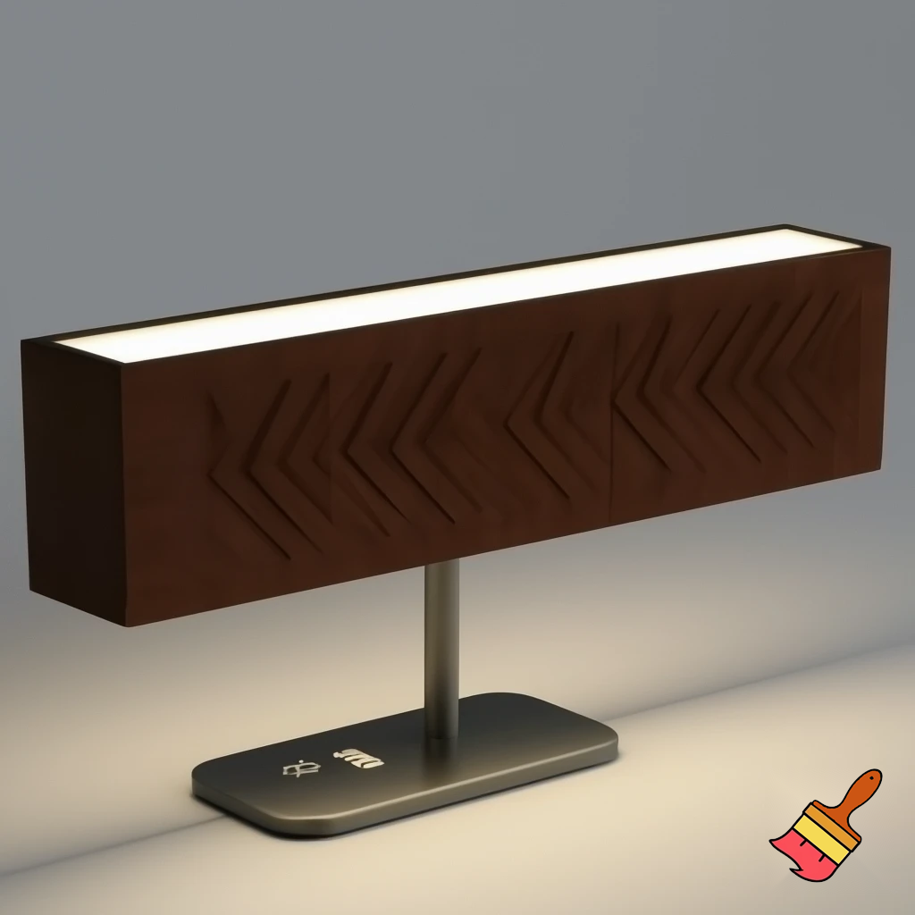 can you generate a light that is a long wooden cuboid and has indentations in it going diamond line diamond line and at the bottom is a base that has a charging socket, a colourchanging button and a on