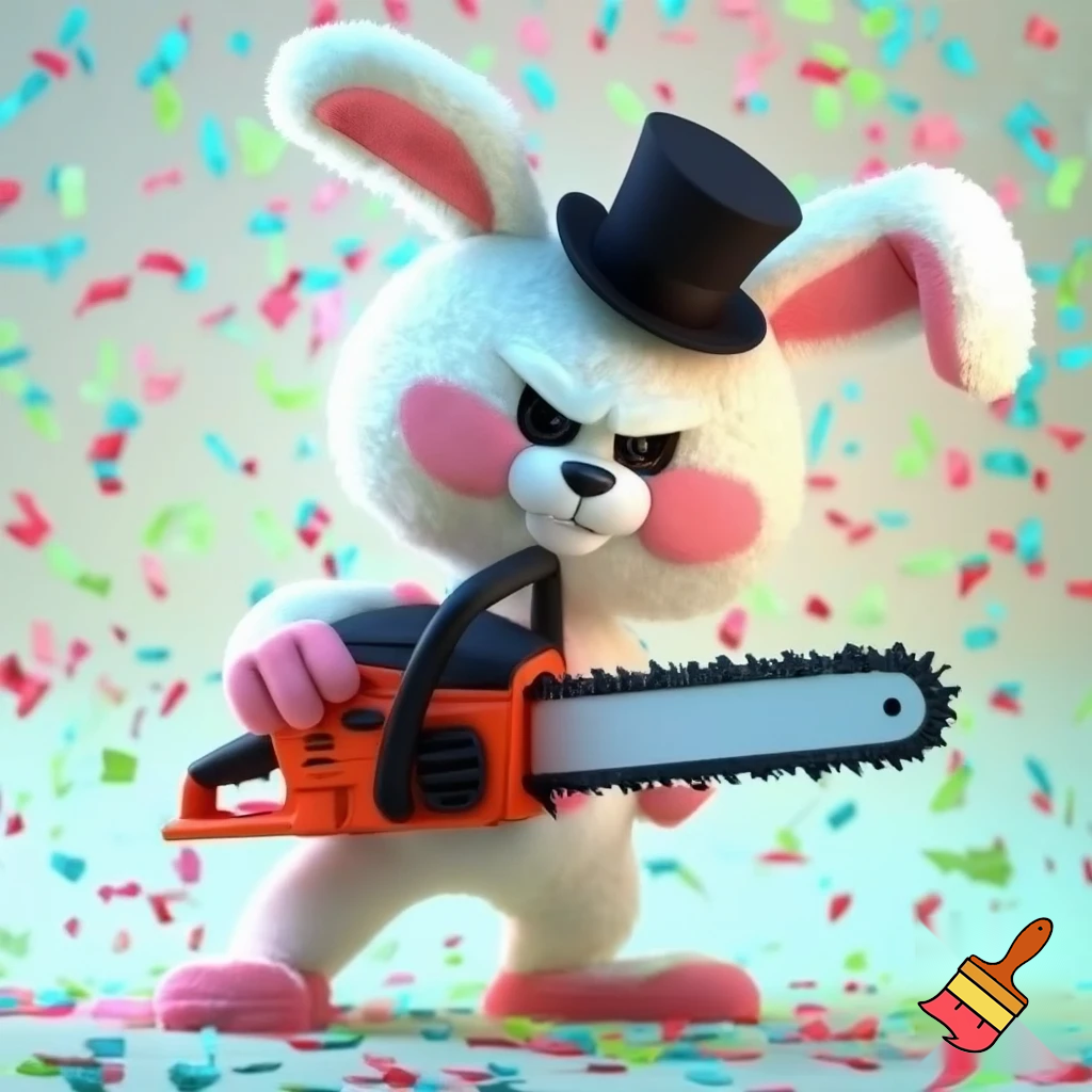 Easter bunny with a chainsaw with a top hat mascot costume