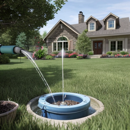Draw a picture consisting of two parts: an underground part and an above-ground part separated by a lawn line. Under the lawn, there should be soil and a well casing in cross-section (schematic image), with clear, clean water in the well, and a centrifugal well pump suspended on a cable, with the pump submerged in the water and supplying water up a pipe connected to the pump. In the upper part of the image, there is a neat well head above the well, with a small, barely visible pipe leading to a small, cozy, modern-style country house with a gable roof and a terrace. In front of the house, there is a neatly trimmed green lawn, with 3-4 fruit trees (apple trees with light foliage and small fruits) nearby. On the lawn, there is an automatic watering device (sprinkler) in operation.