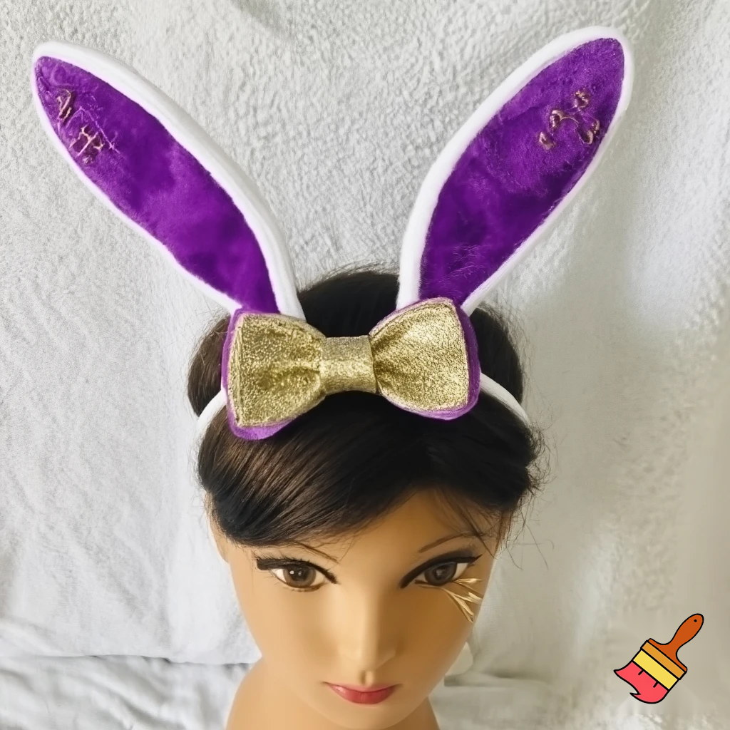 Easter bunny top hat headband, purple white with gold glitter fabric and velvet velvet gold special gold and delicate velvet and delicate and precious glitter, purple and white