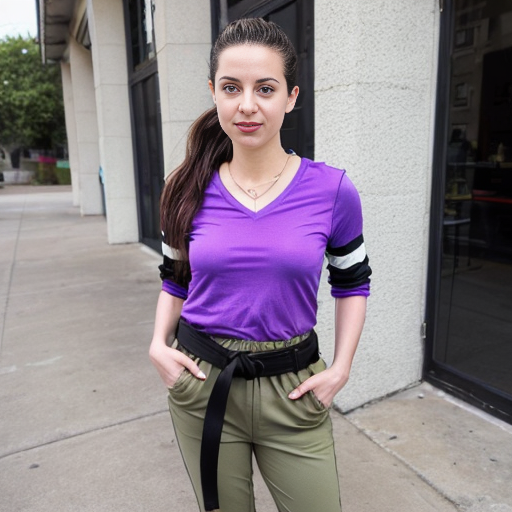 Generate a real life version of Aviva is a slender, young Hispanic woman in her 20s and above average height; she has long and bushy, armpit-length brown hair that she always ties back in a low ponytail, green eyes (with a slight grayish tinge), and tan skin. She usually wears a V-neck purple shirt and a yellow collared jacket with a blue stripe running down both of the sleeves, her pants are blue bell bottoms held by a black slim belt with a grey bolt on it, worn crookedly around her waist, and purple and white low-top sneakers.