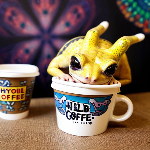 A hillarious, funny boho toad with some hippie colored coffee cups. Psychedelic decorated background, hyperrealistic. Close-up view.
