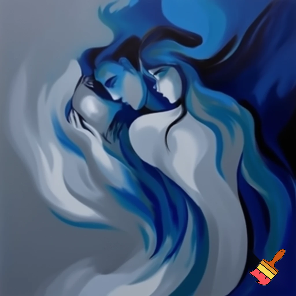 acrylic painting romantic couple man and woman with a long hair love blue and grey modern abstract
