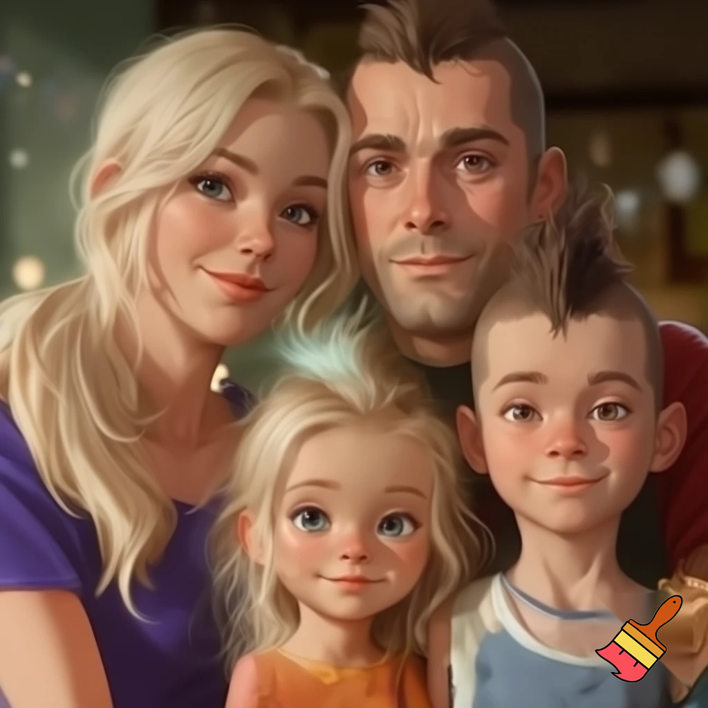 Family of four with a young girl with blonde about five years old, a boy about ten years old with a Mohawk, a mum with messy hair, and a dad whose always serious with patchy hair

