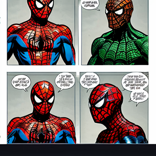 Génère une bande dessinée de comics de spiderman contre le bouffon vert la page a une présentation comme les comics strip classiques avec des cases et des bords blanc

Première case de la première page
Spiderman le balance dans la ville de New-York 
L'environnement est détaillé, et spiderman tisse une toile en sautant 

Deuxième case de la première page 
Spiderman tire sur la toile qu'il a tissé afin de se hisser plus haut 

Troisième case de la première page
Spiderman bondit d'une façon acrobatique et triomphante et rebondit sur un immeuble
On voit le bouffon vert sur son planeur en face de lui dans le fond du payage

Quatrième case de la première page 
L'ange de vue est de dos, on y voit Spider-Man toujours dans les aires bondissant en direction du bouffon vert qui semble surpris 

Cinquième case de la première page
Les regards de spiderman et du bouffon vert se croisent et il semble tout deux en colère 
