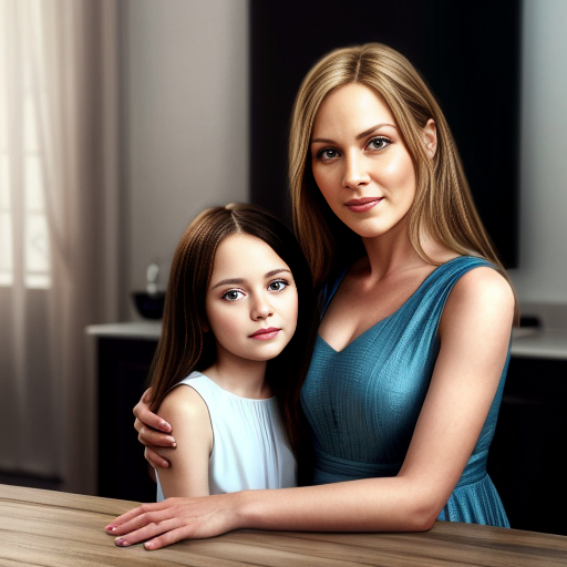 mother and the blonde daughter, on the table, party dress, close up, daughter with long hairs, mom at backround, photorealistic