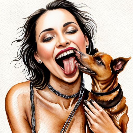 Sexy anima woman who is chained to the ground being licked by a tall dog that has saliva dripping down its teeth and it's tongue is going deep down her mouth 
