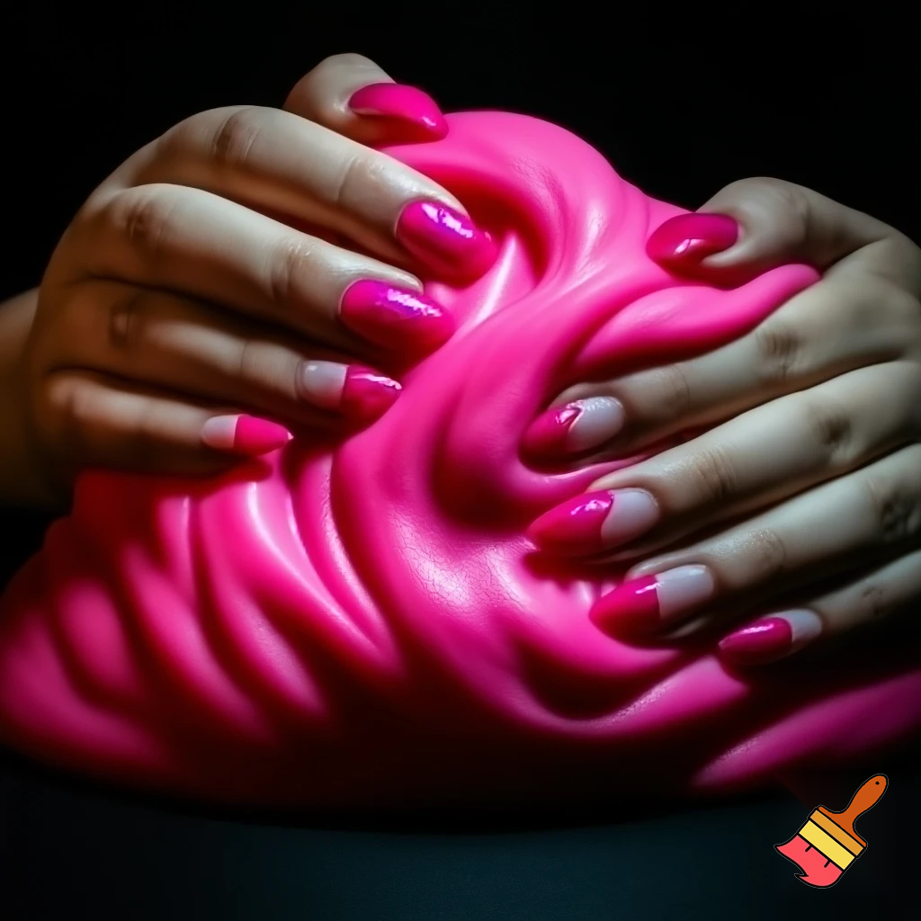 crate a picture of hands with hot pink glitter French tip nails playing with lots of solid fluffy pink slime. Make it look very baddie with dark backround
