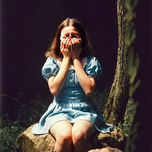 Alice in wonderland 1951, Alice is sitting on a rock in the middle of the Tulgey Wood at night time. Alice is using both trembling hands to hold a large, thick handkerchief to cover her eyes. Alice is hunched over, her elbows braced upon her knees, as she sobs into the handkerchief. Tears are gushing plentifully, creating a pool of tears. 
