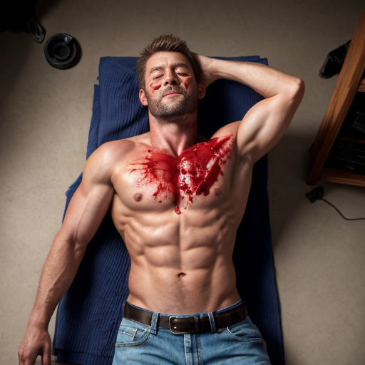 shirtless random man (neighbor, not everyone has 6 pack.), face are hiding by shirt, dead already (due shotgun), chest are open wounded circle, blood everywhere, gibs everywhere, ribs are broke in chest, eye closed, floor (on random place like empty place) on corpse body, lying down on floor.