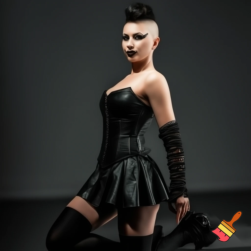 Woman with an undercut and bold makeup wearing a collar, arm warmers, a corset, a pleated skirt, stockings and platform boots 