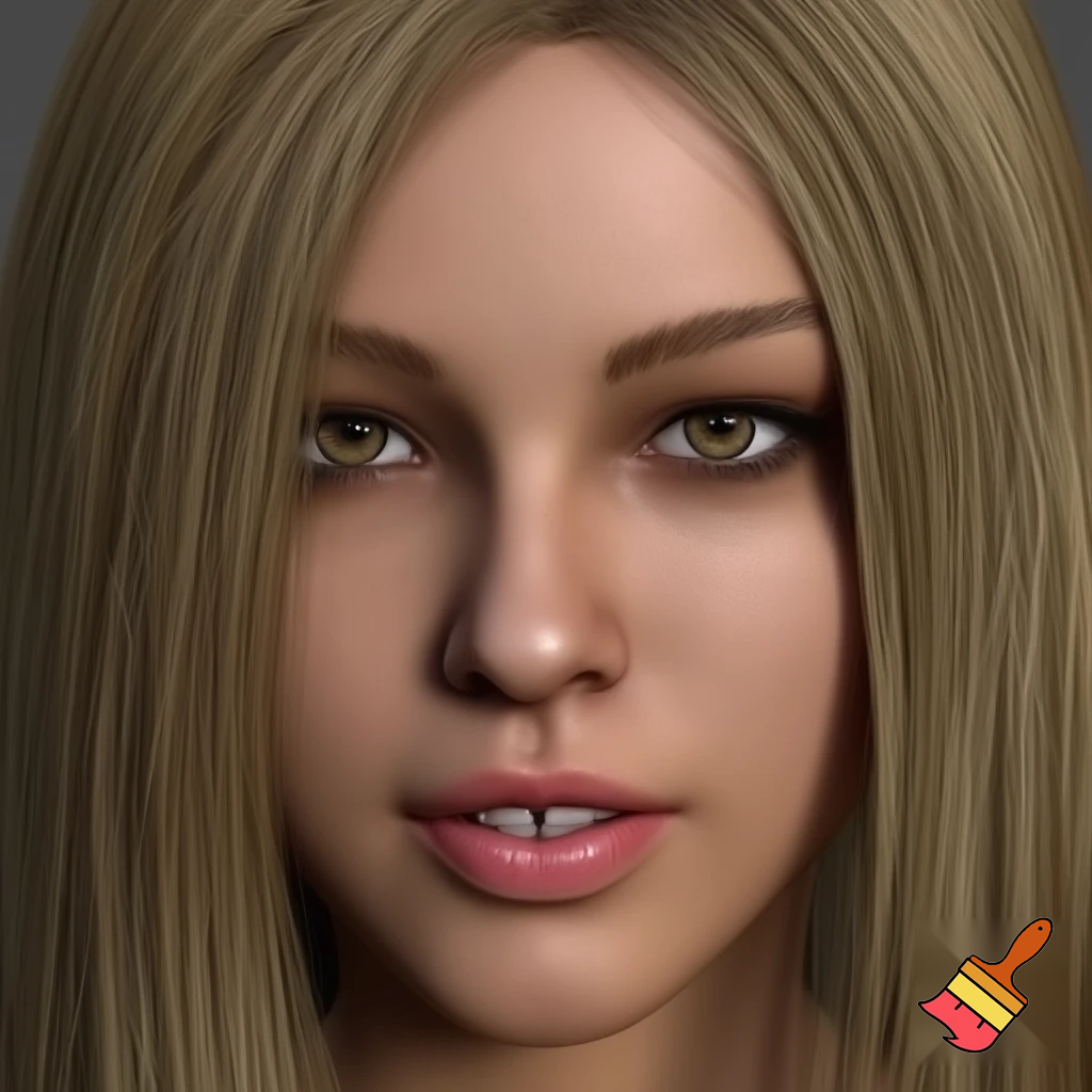 long blond hair, button nose, hazel eyes, short stature, curves, female, gap tooth, full lips, realistic