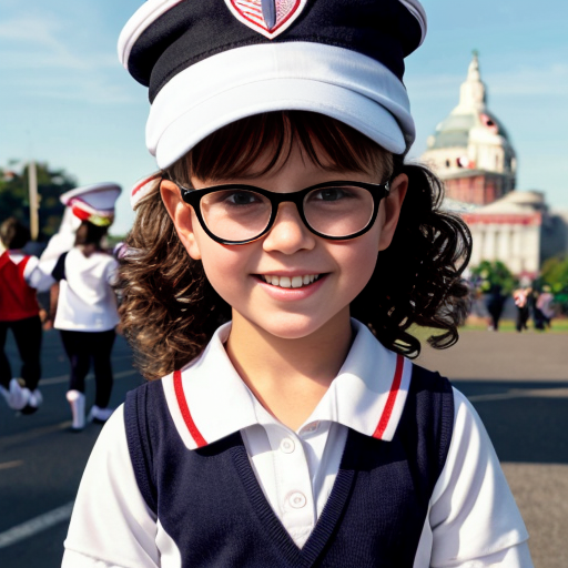 Cute adorable niña Chilindrina glasses con hair lazo curly con verano sailor uniforme escolar con zapatos negros escolar con calcetines blancos con sombrero sailor con grupal con caminar con desfile Estados Unidos América bandera con ciudad 68