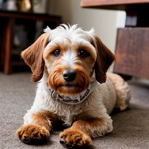 a brown dog with white underbelly and chin cockapoo
