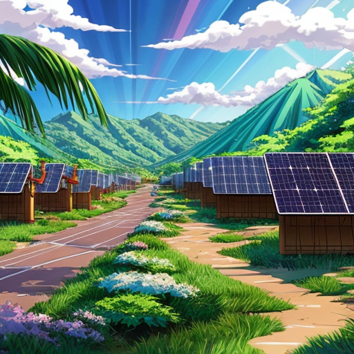 rain forest with a village and solar panels 
