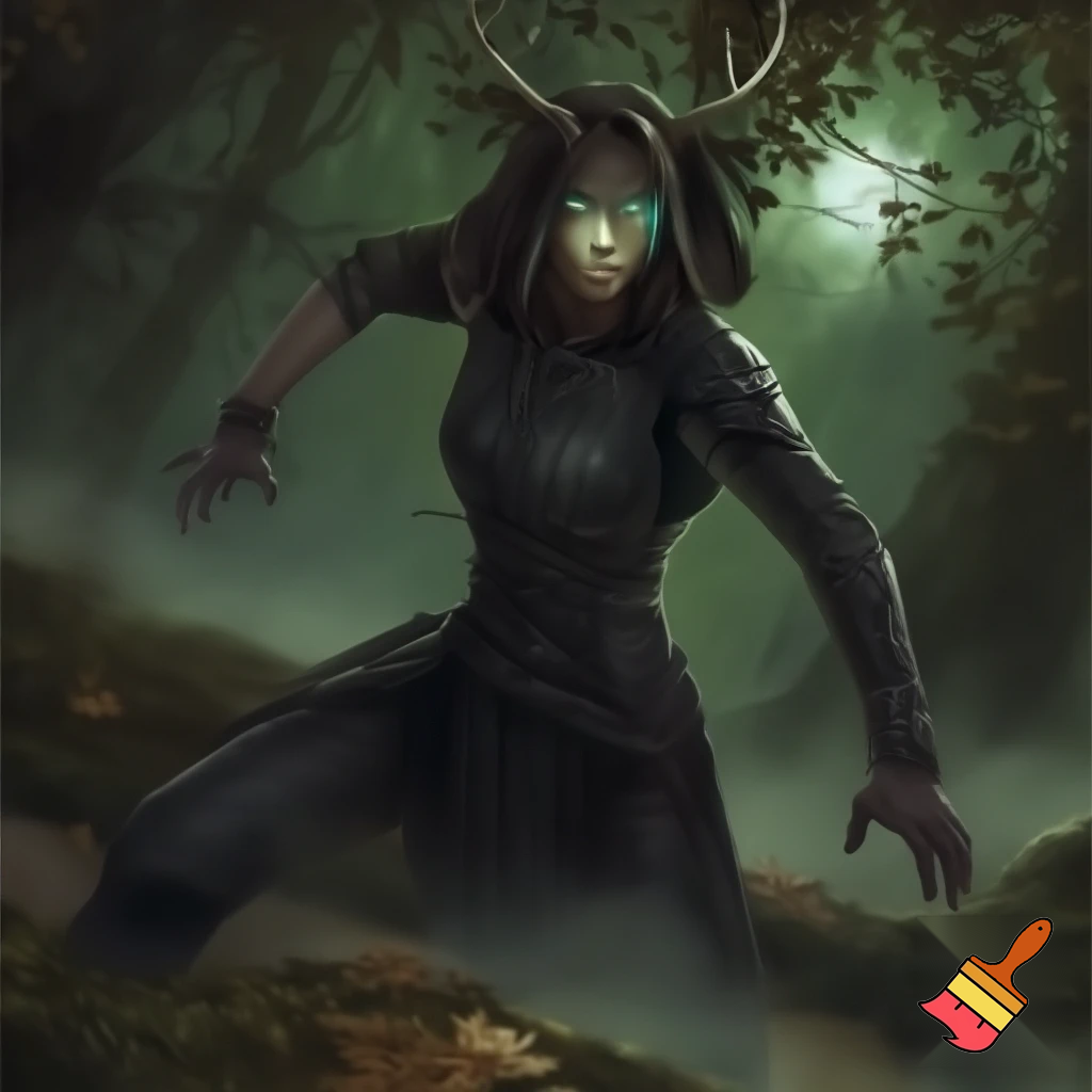 dnd druid rouge in all black with glowing eyes and small deer antlers