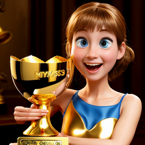 the emotion proud one person gold holding trophy Pixar cartoon style gold skin  happy pretty  gold face inside out movie