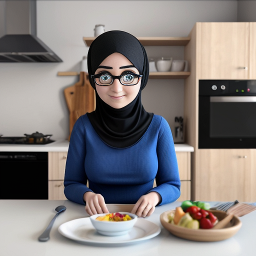 Мультяшный 3D стиль Pixar, упрощённые мультяшные черты, яркие дружелюбные цвета, уютная кухня. Мусульманская мама 35-40 лет, полностью покрыта голубым платьем, которая не выделяет широкое платье,сделай акцент на широком платье чтобы ничего не облегало округлое мультяшное лицо, большие простые глаза, готовит на плите. Сын, 20 лет, синяя толстовка, чёрные джинсы, короткая мусульманская причёска, мультяшное лицо, большие выразительные глаза, сидит за столом. Постоянный персонаж, одинаковая одежда и причёска, повторяемый дизайн персонажа, кинематографическое освещени.