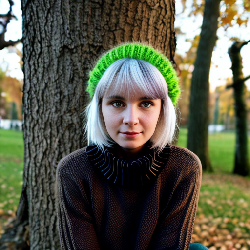 woman in her early twenties with white hair and violet eyes. wearing a cozy black sweater with a tan collar. she is sitting against a tree with only the bark visible behind her.