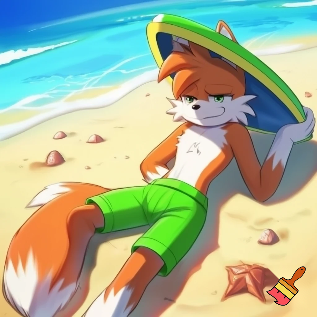 Premise: A tall cartoon male fox that wiped out while surfing ocean waves. He's prostrated on the shore, his green surfboard right on his head He looks pretty annoyed. The fox is wearing green swimming trunks. Beach setting, some seashells and a starfish in the sand, day time. Sonic OC style.