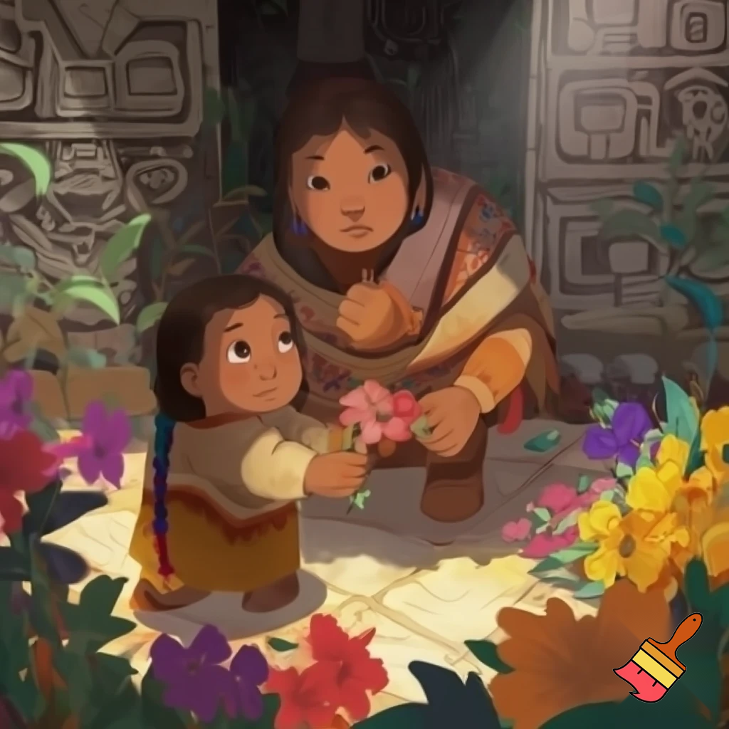 Ancient Aztec mother and nine year old daughter picking flowers