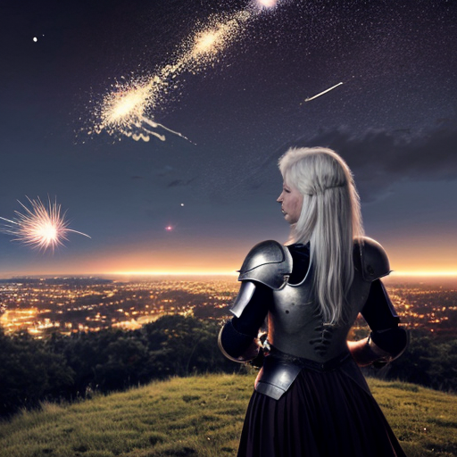 young tall white-haired woman in armor watches as meteors fall on the castle