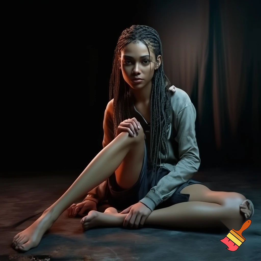 Very detailed and dramatic image of a young woman with long braided hair and a stern expression, sitting on the floor in torn clothes, slender legs without stockings and shoes on a dark background, professional photography, cinematic lighting, hyperrealistic, 8k resolution, detailed facial features