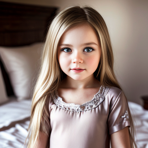 russian little girl, blonde long hair, nightdress, bedroom background, close up view