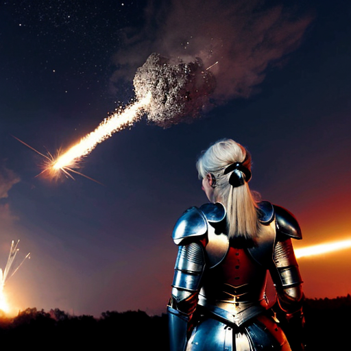 young white-haired woman in armor watches as meteorites fall on her castle