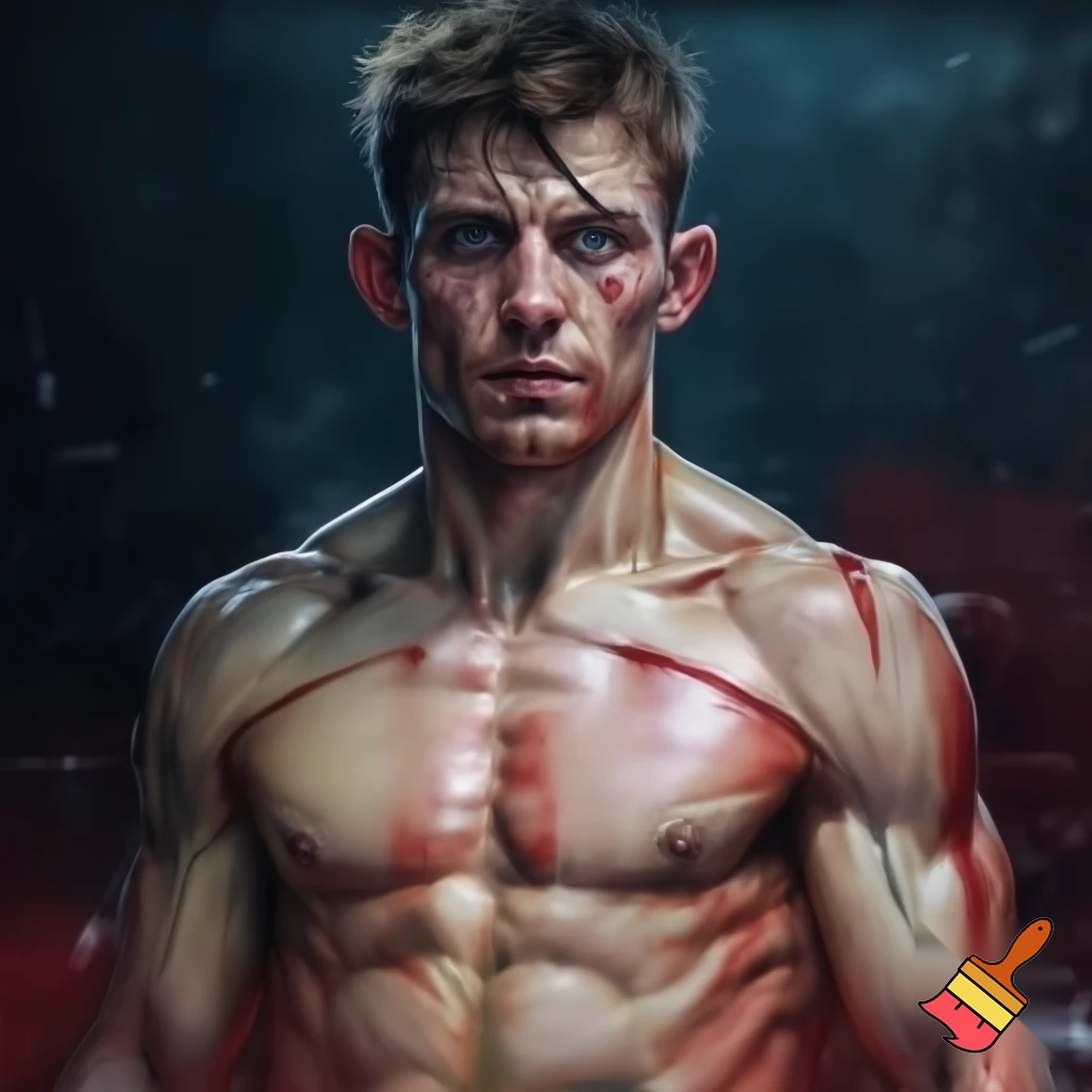 A mixed martial artist who has gone down two weight classes for a fight. His cheeks are sunken and his ribs are visible and his muscles stand out alarmingly. Nonetheless, he stands tall and steady. His eyes are watery blue, his hair is brown and his ears stick out. 
