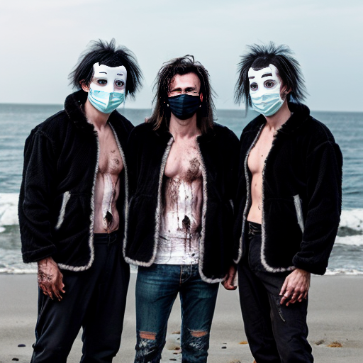 3 witch doctors with long furry black jackets and white face mask with hallow black  eyes and two men dressed with a ripped t-shirt and panse with messy hair next to the sea 