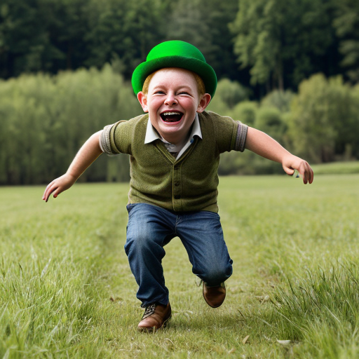 leprechaun running through grass laughing hysterically