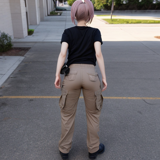 a anime girl with beige cargo pants turning around


