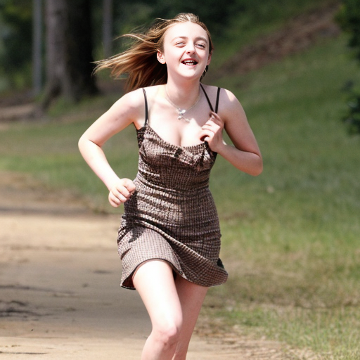 Dakota Fanning, actress, her dress is torn, she is running through a wood, her breast is exposed, 