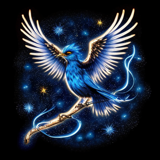 a magical spirit blue bird phoenix glowing and slightly transparent like smoke with a black starry night sky  