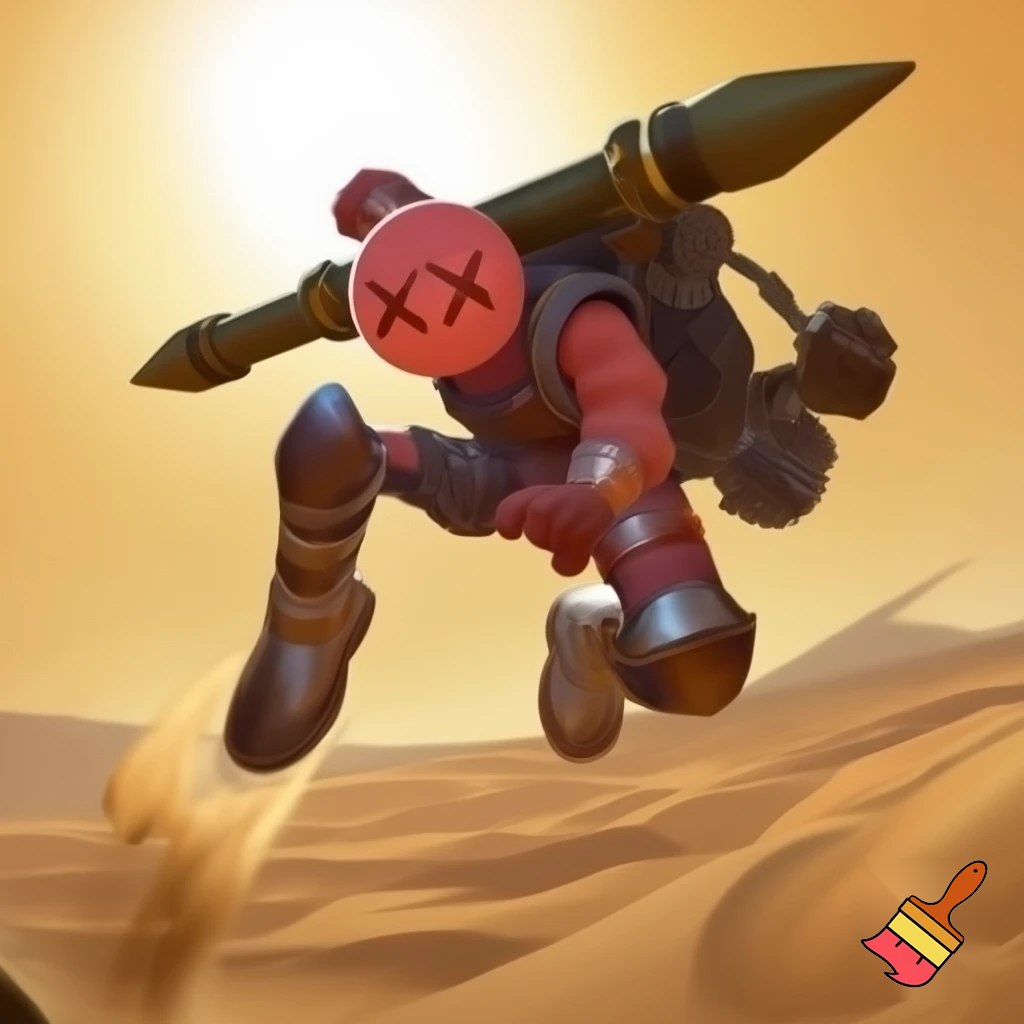 Character with light red skin and round head marked with an X on his face wearing headphones the character has armored pieces on the arms and legs two RPGs mounted on the shoulders and a backpack the character is depicted flying in a cool pose in desert