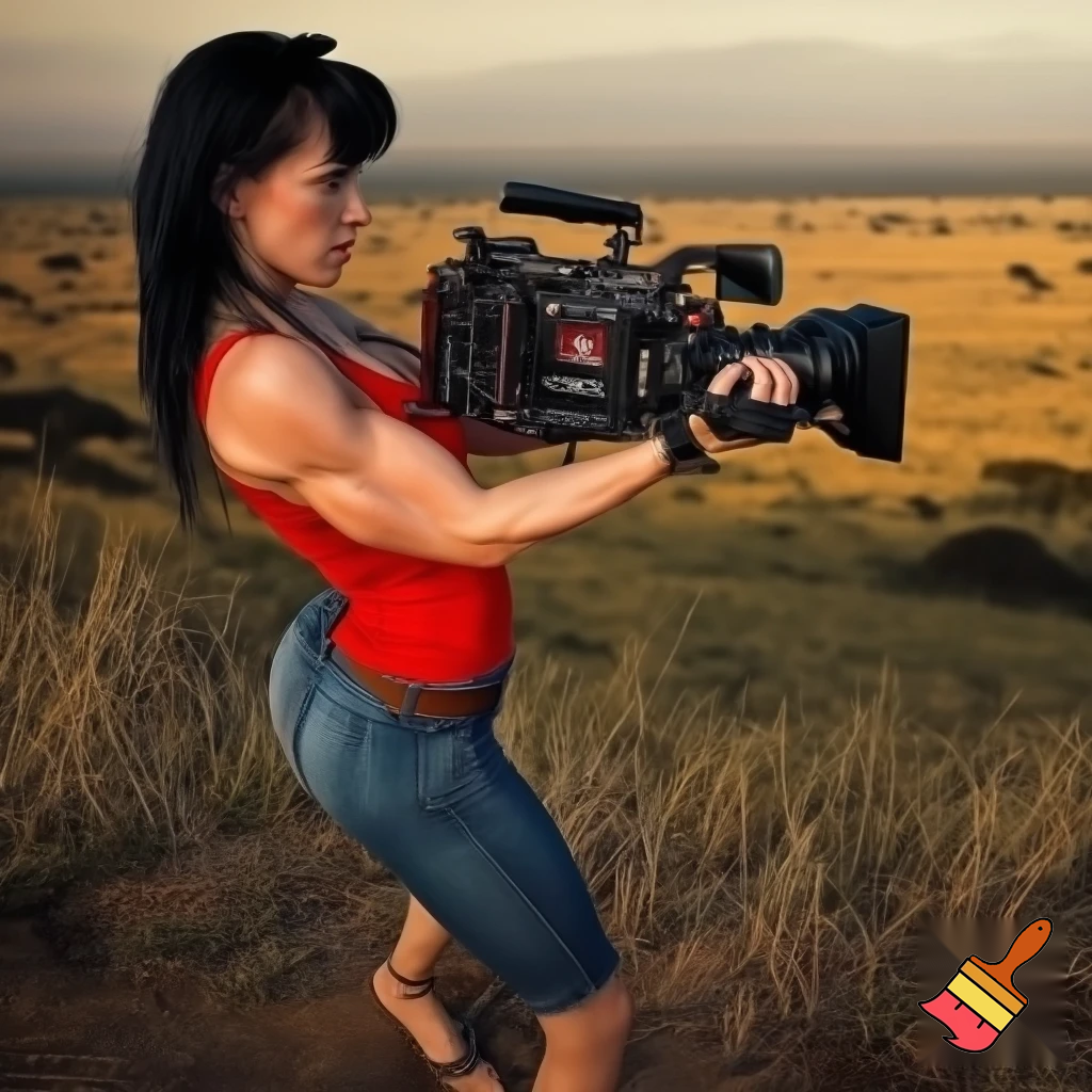 A cute and muscular black-long-and-side-swept-banged-haired fair white woman with arriflex digital camera and wearing red tank top and woman's blue short jeans and putting the sandals on her feet is filmming the plains of the Serengeti in Tanzania.