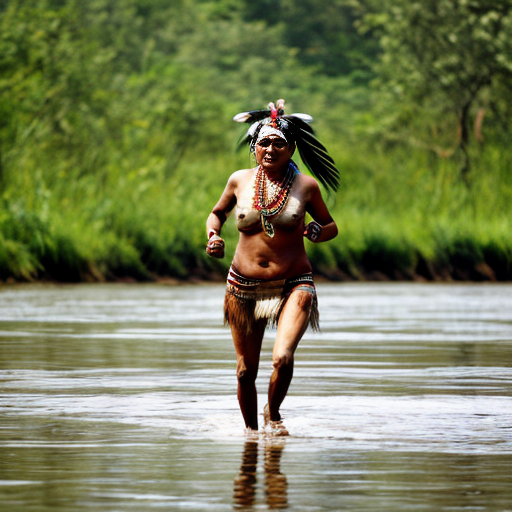 An Indian tribe woman running forward on the water