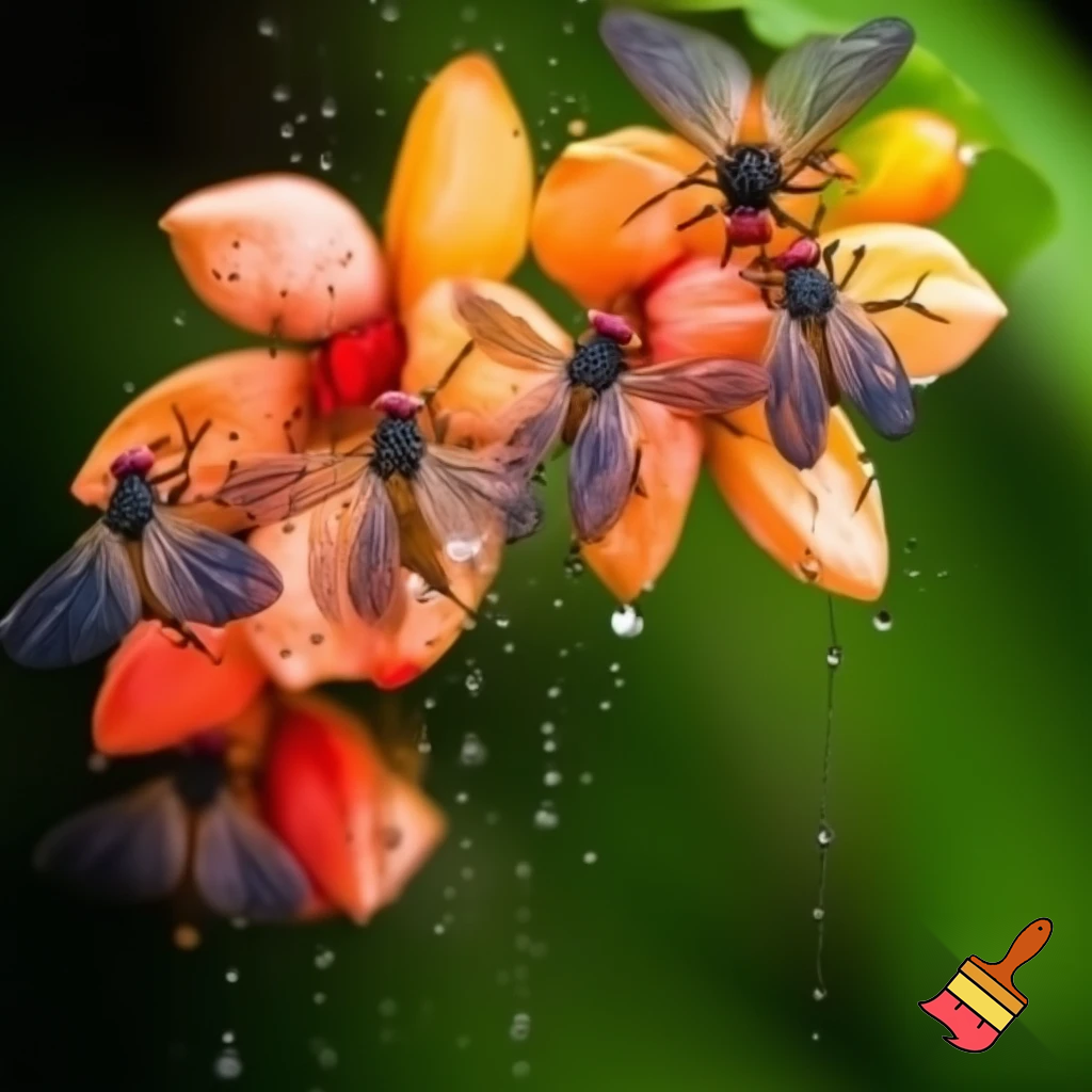 flowers with dragon flies and raindrops