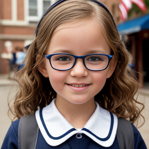 Cute adorable niña Chilindrina glasses con hair lazo curly Blonde con sailor uniforme escolar con zapatos negros escolar con calcetines blancos con Estados Unidos América bandera con desfile con ciudad 4