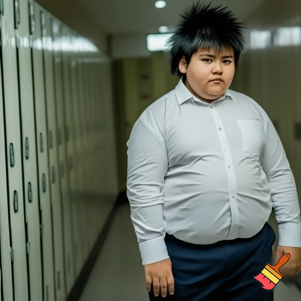 A teenager boy with haircut spiky hair , chubby in school uniform 
