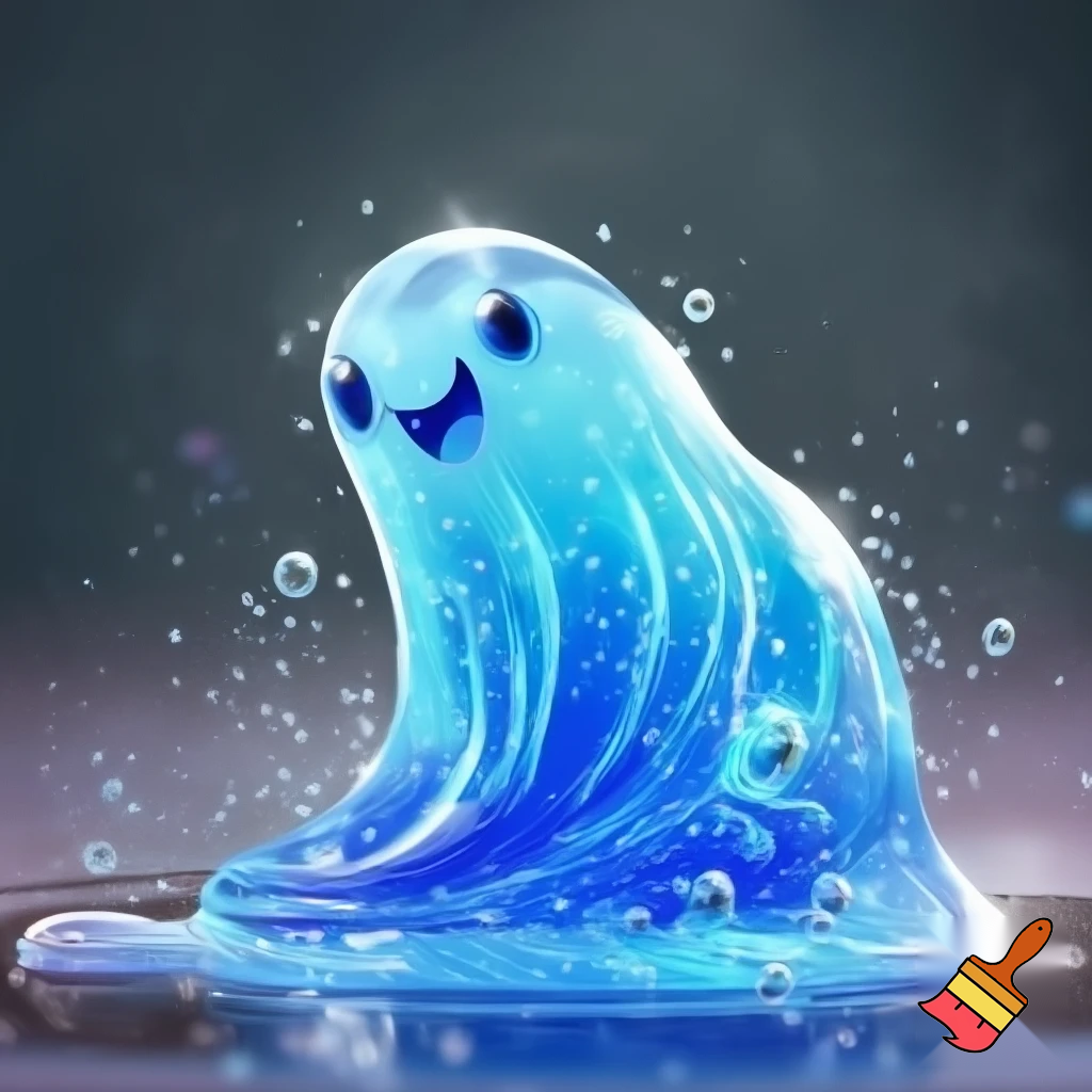 A bouncing slime creature made of bright blue gelatin full of floating bubbles inside. The body stretches and squishes with each movement, translucent and shiny like liquid glass. His expression is joyful and playful, with bubbly energy all around him. He looks friendly, silly and lively, like a magical creature made entirely of cheerful slime.
