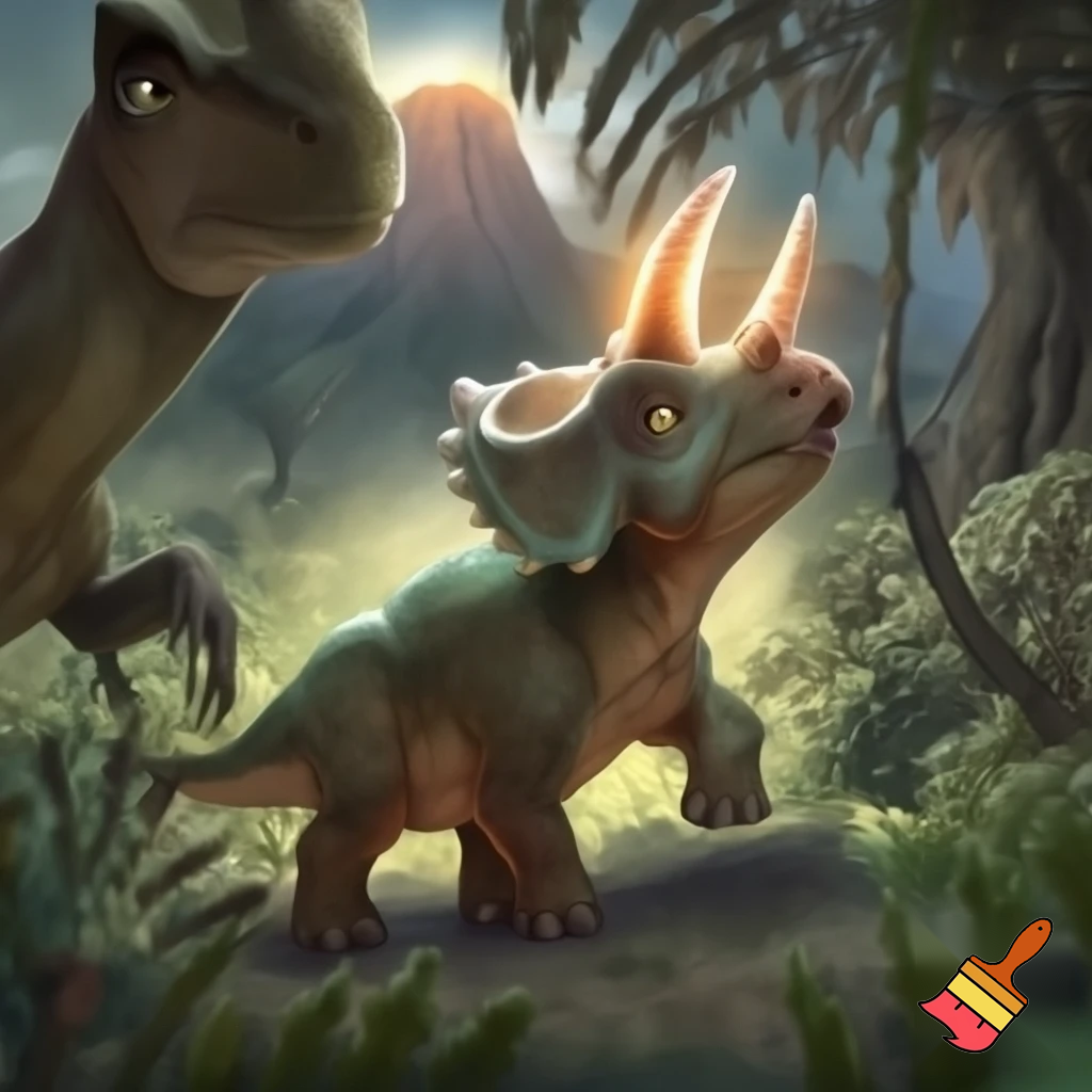 Draw a baby triceratops in the wild with a glowing nose horn and another dinosaur looking at him curiously 