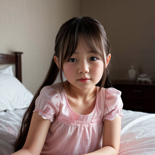 japanese little girl, long hair, nightdress, bedroom background